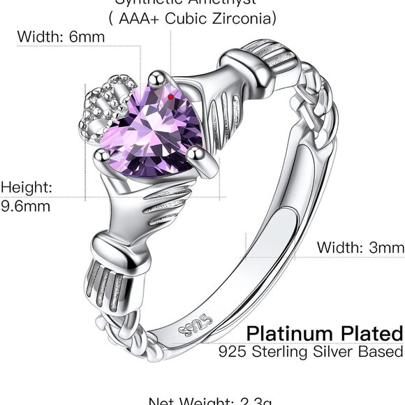 925 Sterling Silver Good Luck Celtic Twisted Knot/Claddagh Heart Birthstone Ring - Picture 7 of 7
